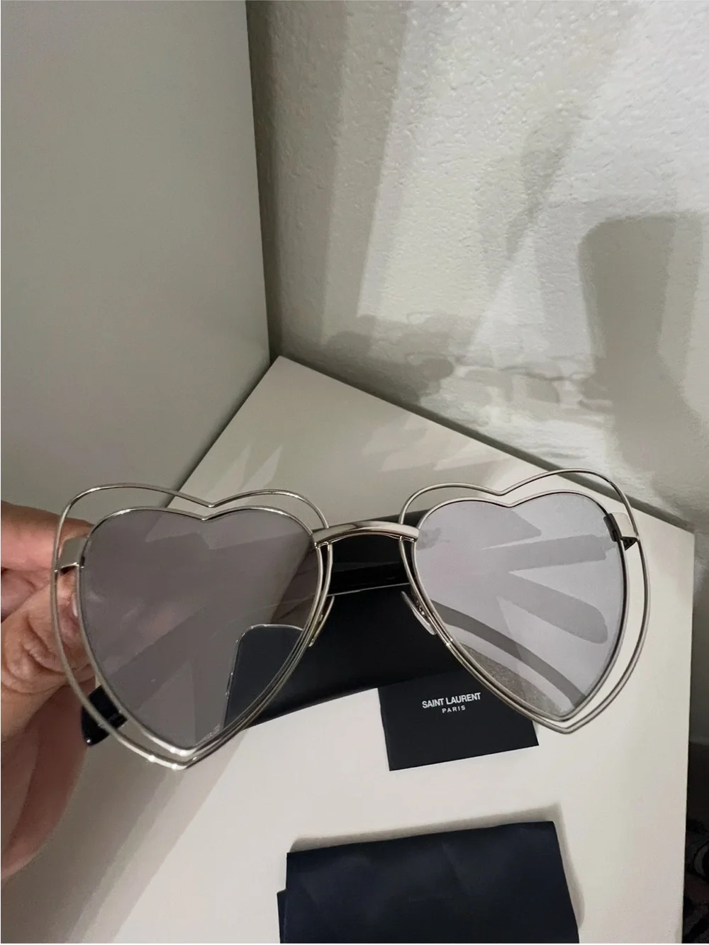 Saint Laurent Silver Heart Frame Sunglasses with Silver Mirror Lenses